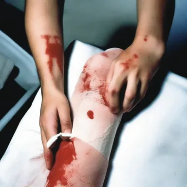 In the horror movie, the victim used an elastic bandage to stop the bleeding from a deep cut.