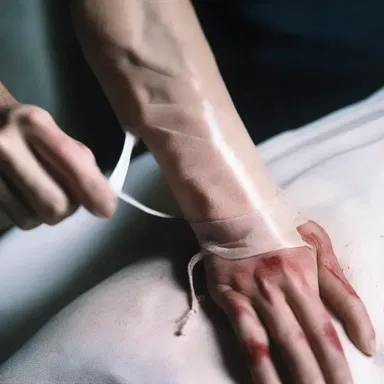 In the horror movie, the victim used an elastic bandage to stop the bleeding from a deep cut.