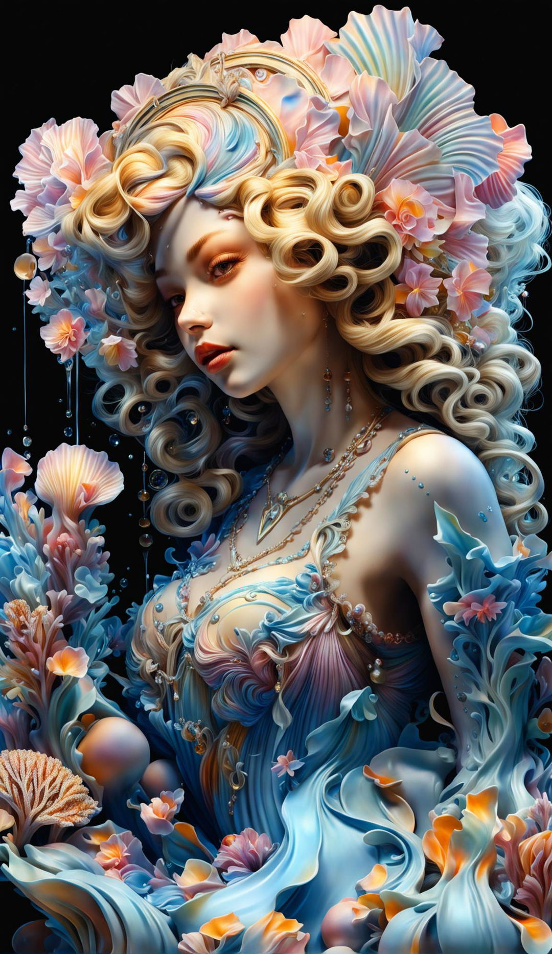 Hyper-realistic 3D Rococo water nymph in vibrant colors surrounded by an underwater world filled with bubbles and dew drops.