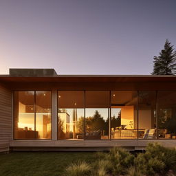 Elegant modern home with minimalist landscaping, large windows, and sustainable materials, bathed in golden hour light