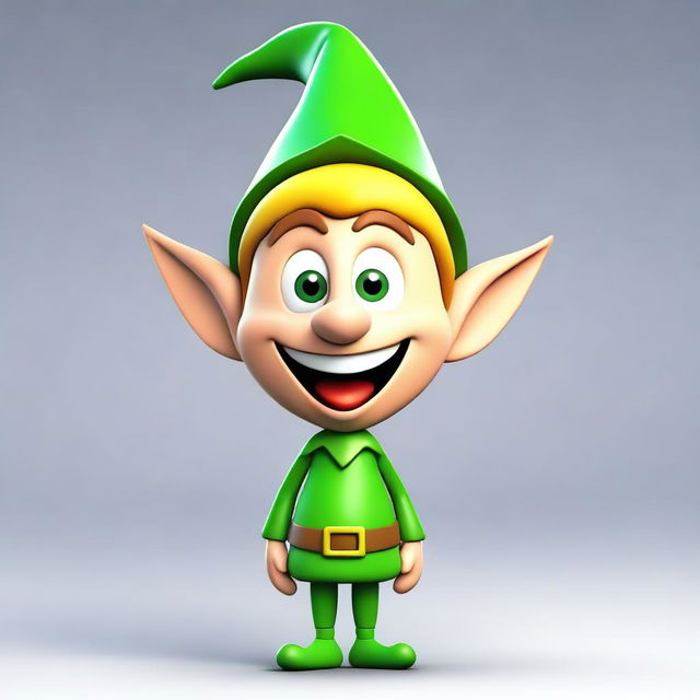 A 3D cartoon image features the head of a happy elf, displaying a wide, joyful smile