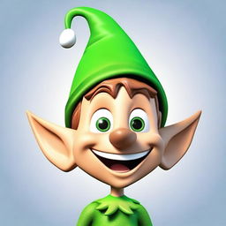 A 3D cartoon image features the head of a happy elf, displaying a wide, joyful smile