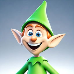 A 3D cartoon image features the head of a happy elf, displaying a wide, joyful smile