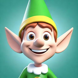 A 3D cartoon image features the head of a happy elf, displaying a wide, joyful smile