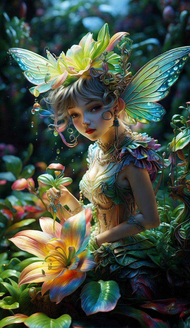 A hyper-realistic 3D Rococo fairy sits on a lily in a vibrant forest, surrounded by dew drops and dappled sunlight.