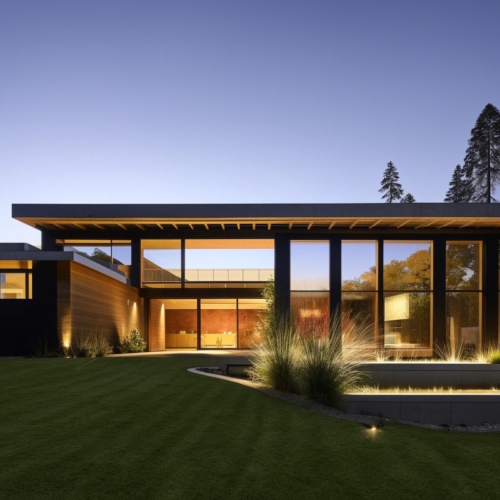 Elegant modern home with minimalist landscaping, large windows, and sustainable materials, bathed in golden hour light