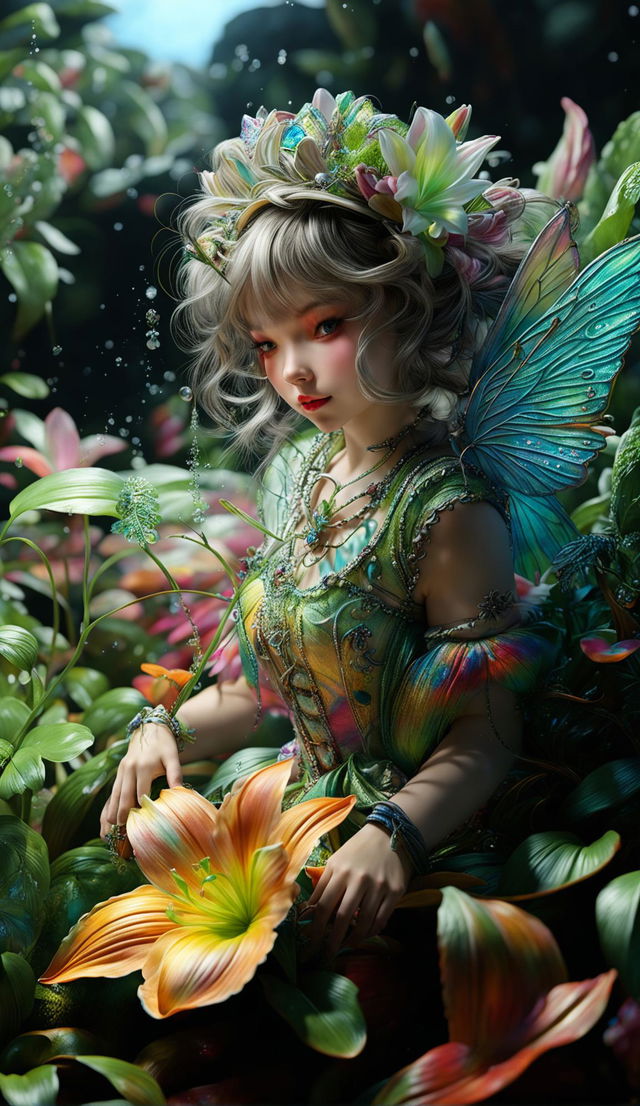 A Rococo fairy in a hyper-realistic 3D style perches on a lily in a vibrant, dew-kissed forest with sunlight filtering through the trees.