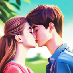 A digital art image showcasing a tall, 20-year-old high school senior boy, tenderly planting a kiss on the forehead of a petite, 14-year-old high school freshman girl