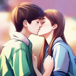 A digital art image showcasing a tall, 20-year-old high school senior boy, tenderly planting a kiss on the forehead of a petite, 14-year-old high school freshman girl