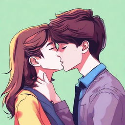 A digital art image showcasing a tall, 20-year-old high school senior boy, tenderly planting a kiss on the forehead of a petite, 14-year-old high school freshman girl