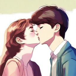 A digital art image showcasing a tall, 20-year-old high school senior boy, tenderly planting a kiss on the forehead of a petite, 14-year-old high school freshman girl