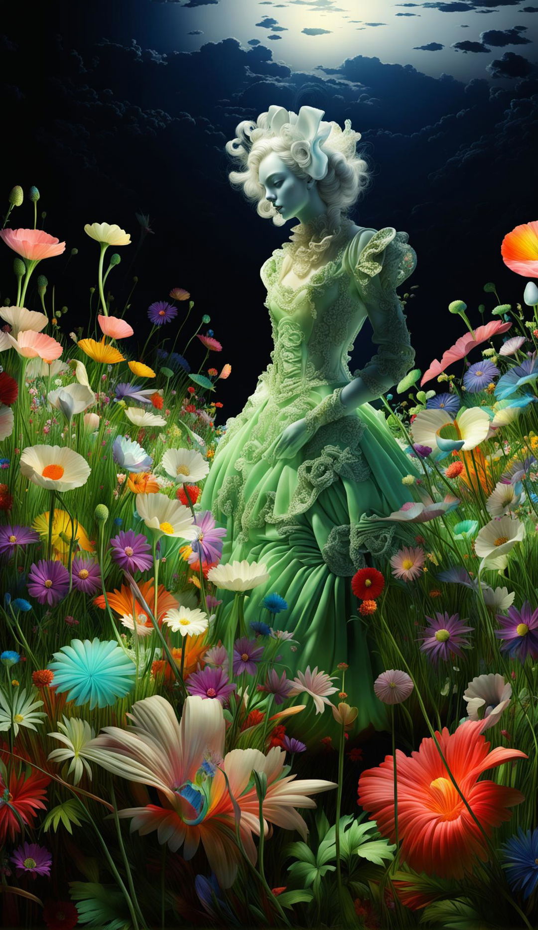 Hyper-realistic 3D image of a rococo spirit in a vibrant mythical meadow filled with colourful flowers, creating an eerie yet enchanting fantasy aesthetic.