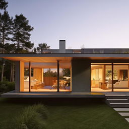 Elegant modern home with minimalist landscaping, large windows, and sustainable materials, bathed in golden hour light