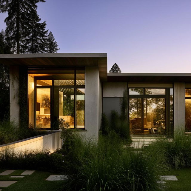 Elegant modern home with minimalist landscaping, large windows, and sustainable materials, bathed in golden hour light