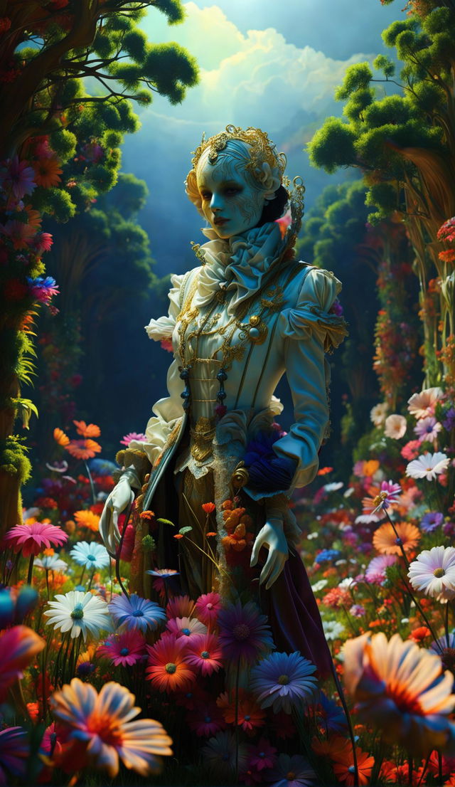 Hyper-realistic 3D rococo spirit in an eerie mythical meadow filled with vibrant flowers, exuding fantasy vibes.