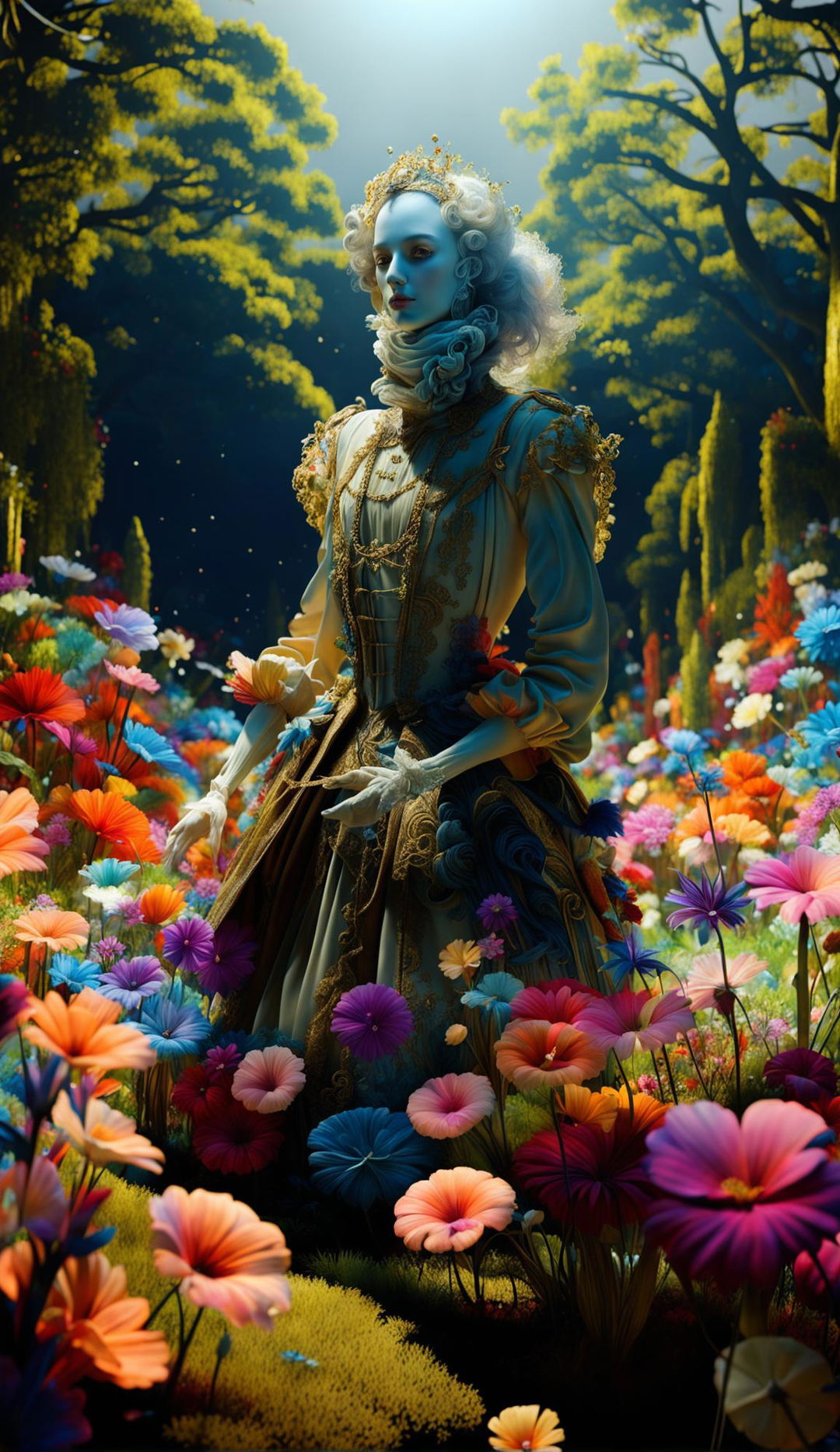 Hyper-realistic 3D rococo spirit in an eerie mythical meadow filled with vibrant flowers, exuding fantasy vibes.