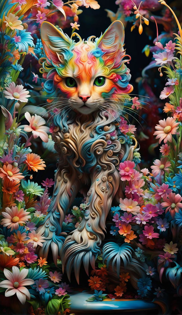 A hyper-realistic 3D rococo fantasy alien cat hybrid in a vibrant mythical forest filled with fantastical flowers and fairy-like creatures, radiating happiness and wonder.