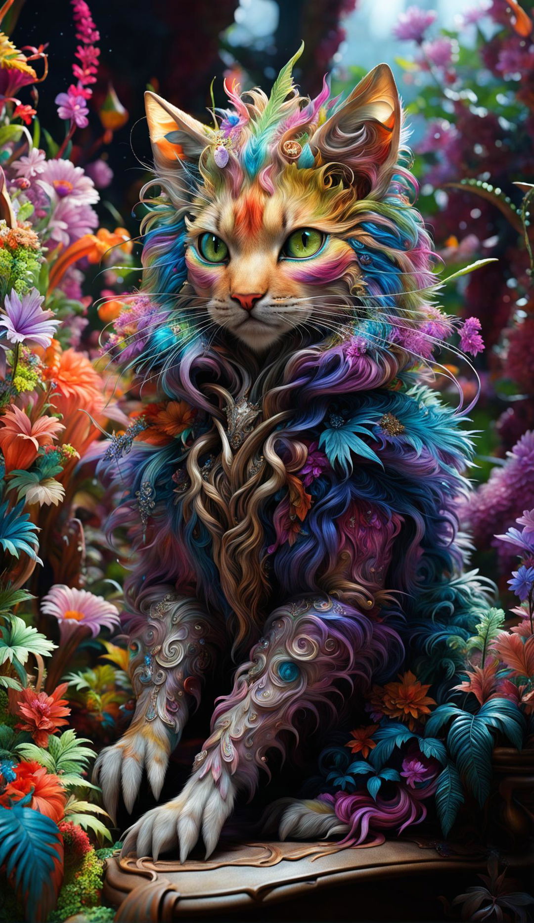 A hyper-realistic 3D rococo fantasy alien cat hybrid in a vibrant mythical forest filled with colourful flowers, exuding happy vibes.