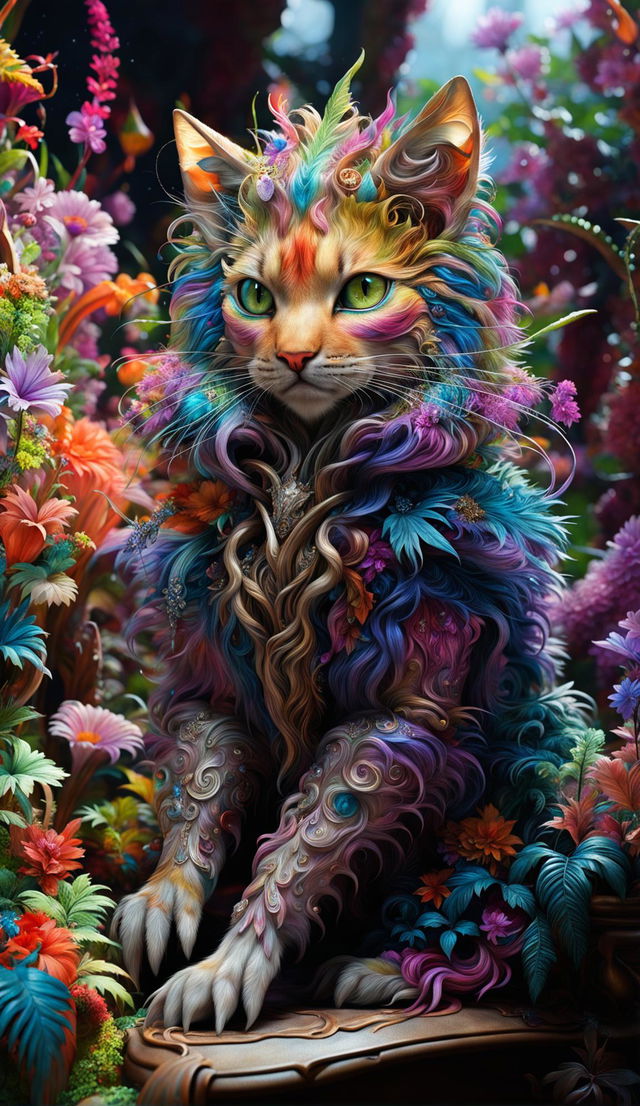 A hyper-realistic 3D rococo fantasy alien cat hybrid in a vibrant mythical forest filled with colourful flowers, exuding happy vibes.