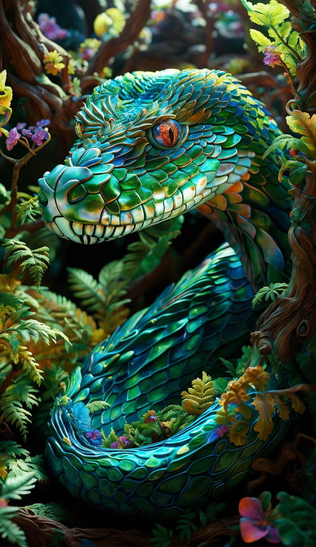 A hyper-realistic 3D rococo fantasy alien snake hybrid in a vibrant mythical forest filled with luminescent flowers and towering sapphire trees, radiating happiness and tranquility.