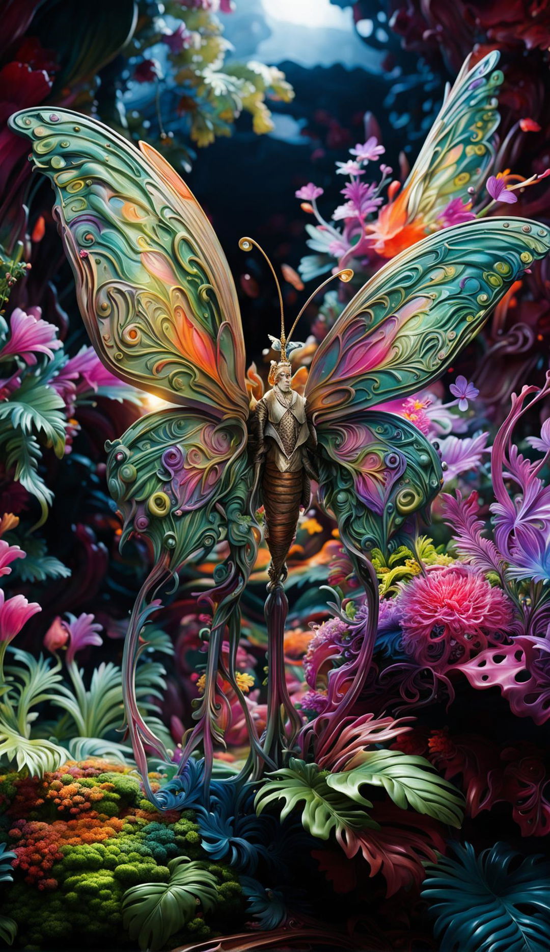 A hyper-realistic 3D rococo fantasy scene featuring an alien butterfly hybrid in a vibrant, flower-filled mythical forest, exuding happy vibes.