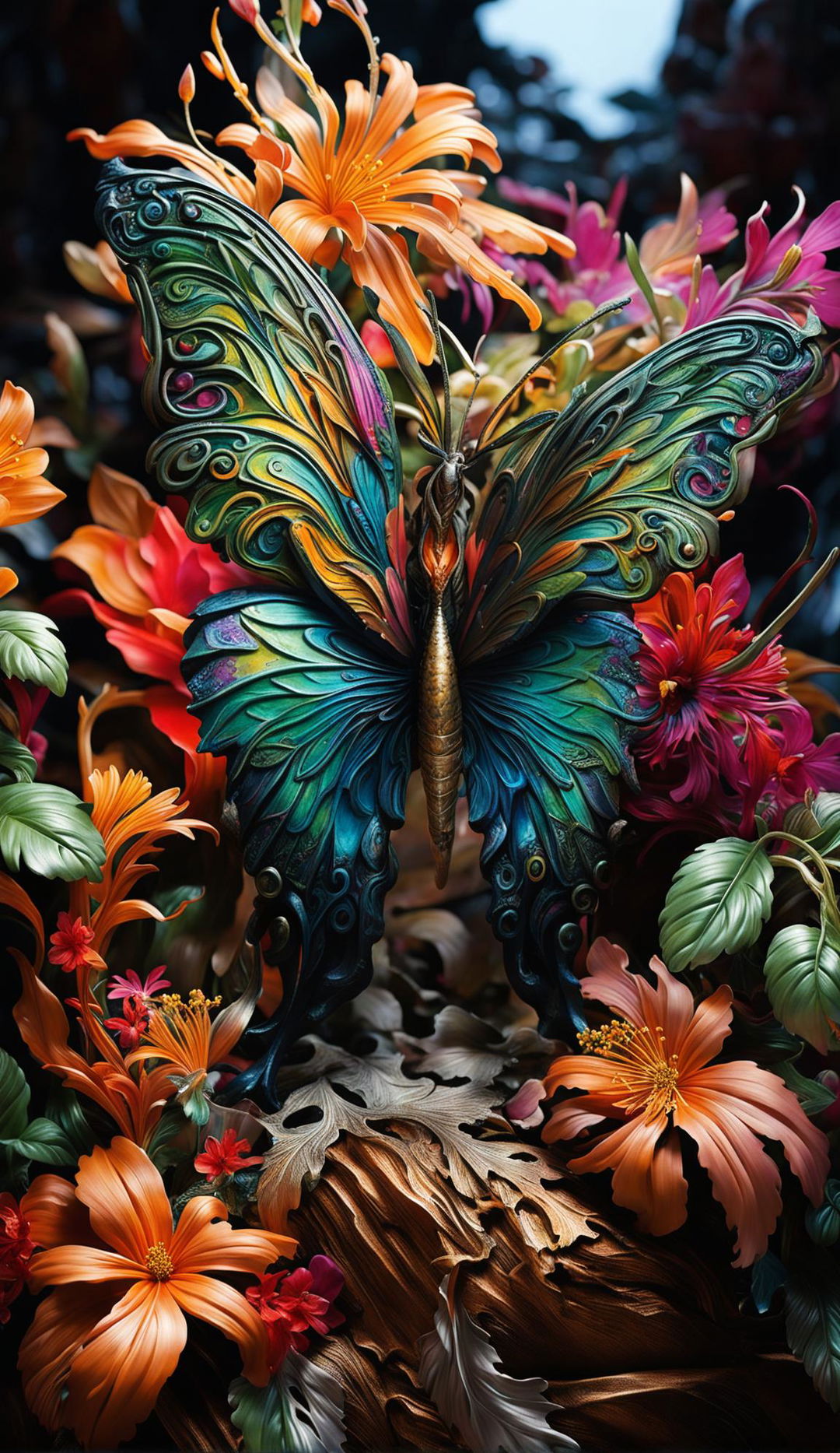 A hyper-realistic 3D Rococo fantasy butterfly with vibrant coloured wings in a mythical forest filled with blooming flowers and dappled sunlight.