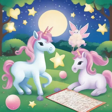 In the magical land of unicorns and fairies, the mythical creatures gathered to enjoy a game of bingo under the sparkling stars.