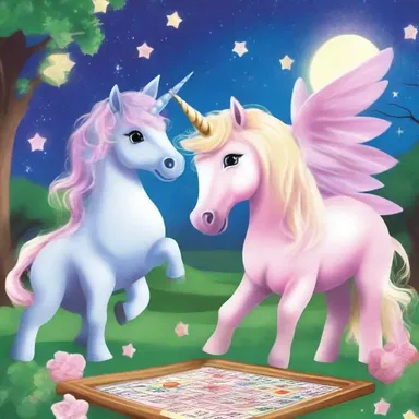 In the magical land of unicorns and fairies, the mythical creatures gathered to enjoy a game of bingo under the sparkling stars.