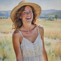 An impressionist watercolour painting of a tan woman with freckles, joyfully laughing, wearing a wide-brimmed hat and a sundress. The background consists of a captivatingly painted landscape.