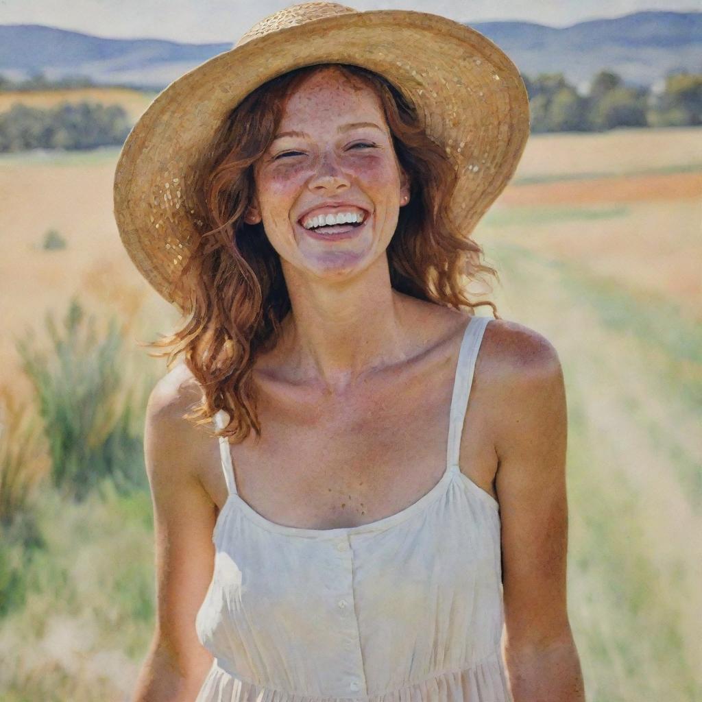 An impressionist watercolour painting of a tan woman with freckles, joyfully laughing, wearing a wide-brimmed hat and a sundress. The background consists of a captivatingly painted landscape.