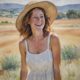 An impressionist watercolour painting of a tan woman with freckles, joyfully laughing, wearing a wide-brimmed hat and a sundress. The background consists of a captivatingly painted landscape.