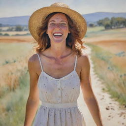 An impressionist watercolour painting of a tan woman with freckles, joyfully laughing, wearing a wide-brimmed hat and a sundress. The background consists of a captivatingly painted landscape.