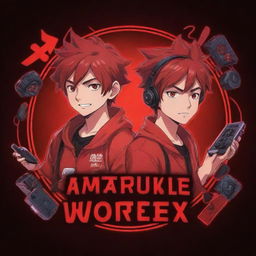 Create a red-toned anime-cartoon style YouTube logo depicting two brothers engrossed in gaming, surrounded by accessories. The text 'VorteX BlazeX' should be perfectly written in a striking neon red, harmonizing with the energetic gaming ambiance.