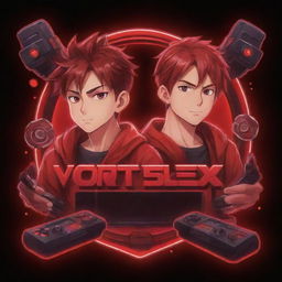 Create a red-toned anime-cartoon style YouTube logo depicting two brothers engrossed in gaming, surrounded by accessories. The text 'VorteX BlazeX' should be perfectly written in a striking neon red, harmonizing with the energetic gaming ambiance.