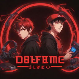 Create a red-toned anime-cartoon style YouTube logo depicting two brothers engrossed in gaming, surrounded by accessories. The text 'VorteX BlazeX' should be perfectly written in a striking neon red, harmonizing with the energetic gaming ambiance.