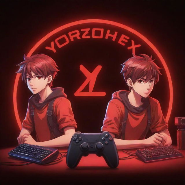 Create a red-toned anime-cartoon style YouTube logo depicting two brothers engrossed in gaming, surrounded by accessories. The text 'VorteX BlazeX' should be perfectly written in a striking neon red, harmonizing with the energetic gaming ambiance.