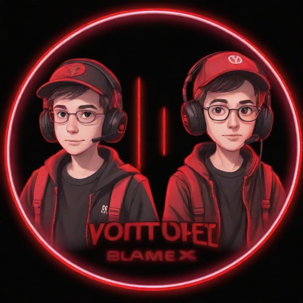 Illustrate a neon-red YouTube logo in cartoon anime style, showcasing two brothers engrossed in gaming with all their accessories. Incorporate the text 'VorteX BlazeX' in perfect neon red to resonate with the exhilarating gaming ambiance.