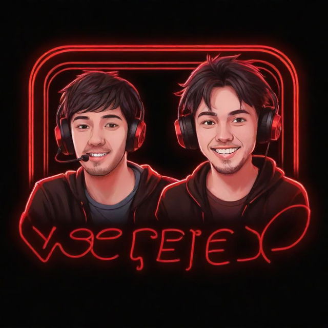 Illustrate a neon-red YouTube logo in cartoon anime style, showcasing two brothers engrossed in gaming with all their accessories. Incorporate the text 'VorteX BlazeX' in perfect neon red to resonate with the exhilarating gaming ambiance.