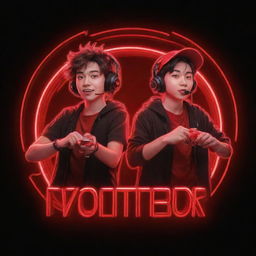 Illustrate a neon-red YouTube logo in cartoon anime style, showcasing two brothers engrossed in gaming with all their accessories. Incorporate the text 'VorteX BlazeX' in perfect neon red to resonate with the exhilarating gaming ambiance.