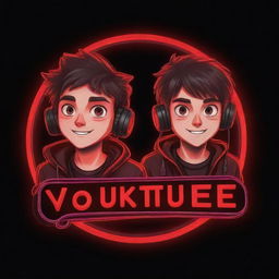 Illustrate a neon-red YouTube logo in cartoon anime style, showcasing two brothers engrossed in gaming with all their accessories. Incorporate the text 'VorteX BlazeX' in perfect neon red to resonate with the exhilarating gaming ambiance.