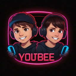 Create a vivid neon YouTube logo in a cartoon anime style. Depict two brothers engrossed in gaming, surrounded by all their accessories. Integrate the text 'VorteX BlazeX' flawlessly in a neon red font, reinforcing the intense gaming atmosphere.