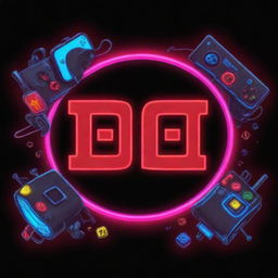 Create a vivid neon YouTube logo in a cartoon anime style. Depict two brothers engrossed in gaming, surrounded by all their accessories. Integrate the text 'VorteX BlazeX' flawlessly in a neon red font, reinforcing the intense gaming atmosphere.