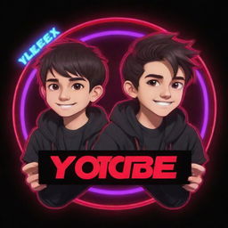 Create a vivid neon YouTube logo in a cartoon anime style. Depict two brothers engrossed in gaming, surrounded by all their accessories. Integrate the text 'VorteX BlazeX' flawlessly in a neon red font, reinforcing the intense gaming atmosphere.