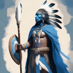 A high-quality digital art piece showcasing a Native American character with an unusual blue skin tone