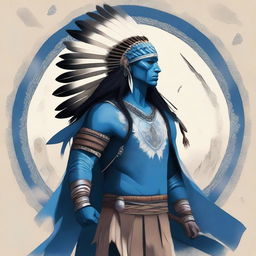 A high-quality digital art piece showcasing a Native American character with an unusual blue skin tone