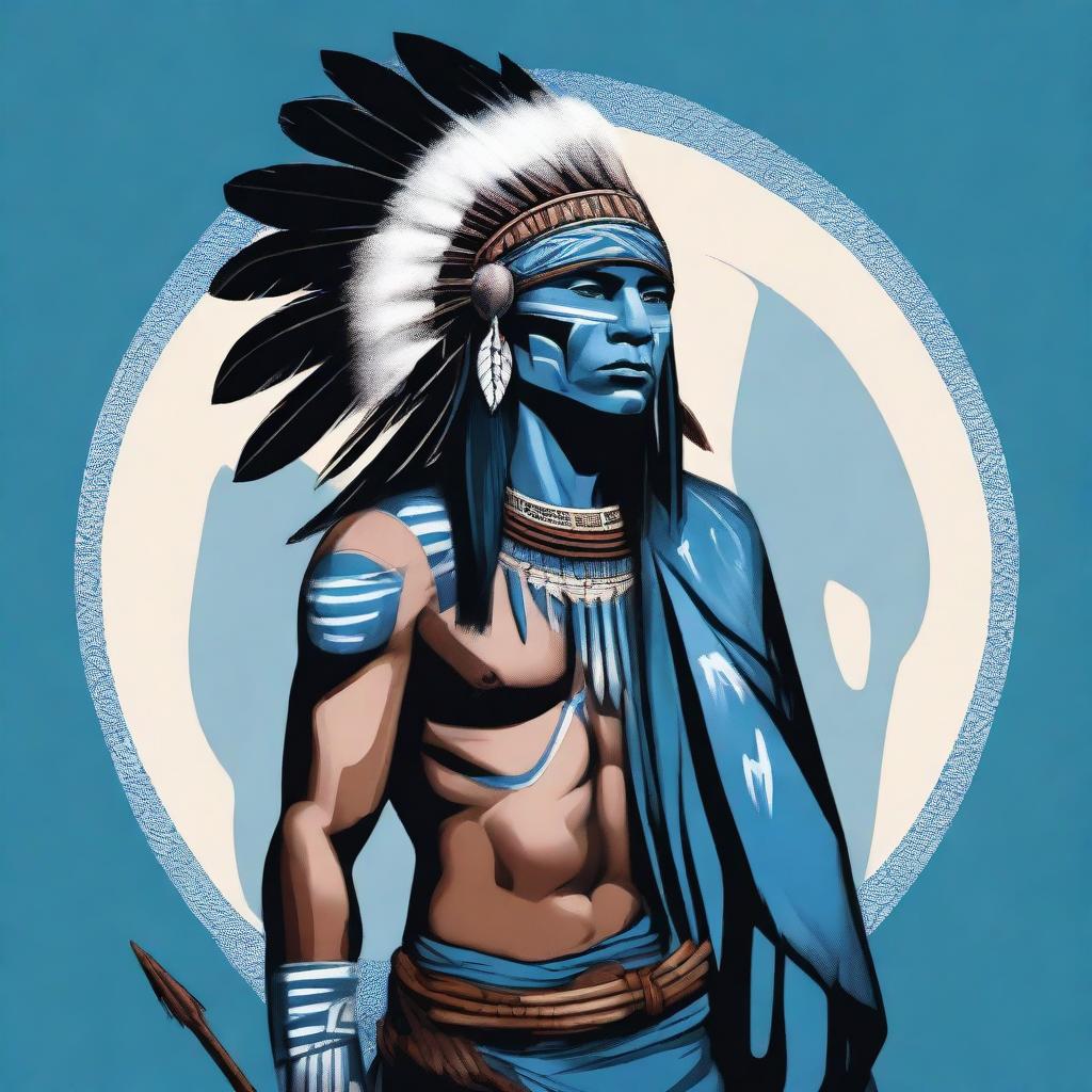 A high-quality digital art piece showcasing a Native American character with an unusual blue skin tone