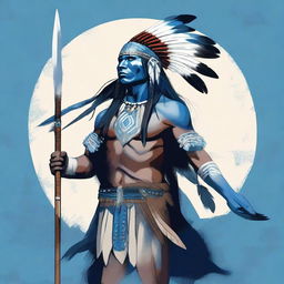 A high-quality digital art piece showcasing a Native American character with an unusual blue skin tone