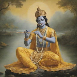 A serene portrayal of Lord Krishna, adorned in yellow silk, holding a flute, surrounded by a heavenly aura, set against a tranquil river backdrop.