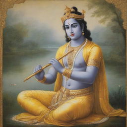 A serene portrayal of Lord Krishna, adorned in yellow silk, holding a flute, surrounded by a heavenly aura, set against a tranquil river backdrop.