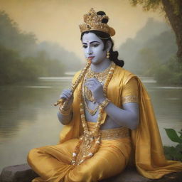 A serene portrayal of Lord Krishna, adorned in yellow silk, holding a flute, surrounded by a heavenly aura, set against a tranquil river backdrop.